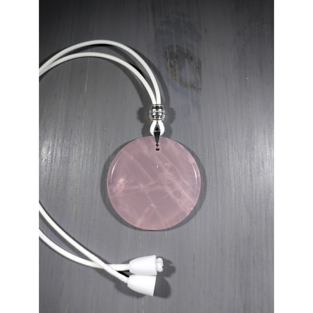 Rose Quartz Crystal Circle Pendant Necklace‎ White Waxed Cord Break Away Closure